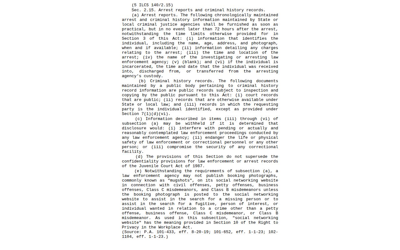 Illinois arrest report and Union County booking photo statute